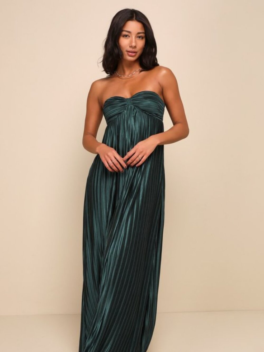Lulus Whimsical Beauty Emerald Green Satin Plisse Strapless Maxi Dress - Size XL